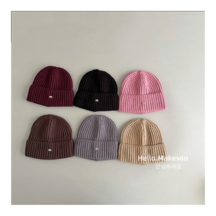儿童韩风百搭保暖套头针织帽子秋氛围感金属m标中大童毛线帽冷帽