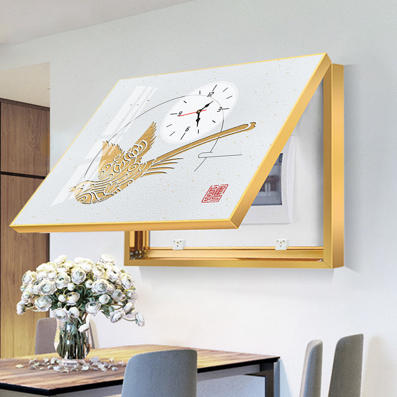 家用电箱装饰画新中式带钟表横y版款时钟挂画遮挡配电箱免打孔晶