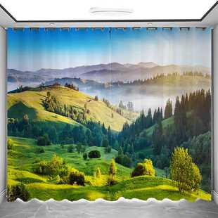 2024新款现代大自然风景画窗帘主题餐厅客厅卧室绿山景直播背景布