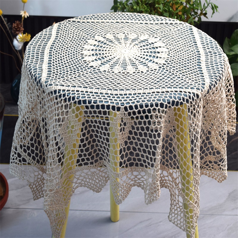 包邮外贸原单纯棉线本色手工钩针钩花方形桌布台布防尘罩万能盖布