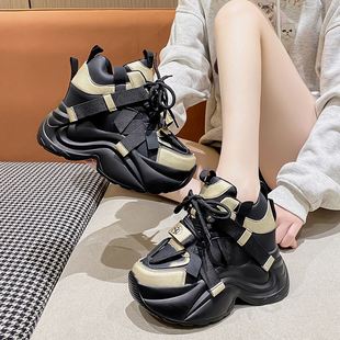 复古韩版 式 女2023年秋冬季 松糕彩色内增高小个子运动鞋 新款 老爹鞋