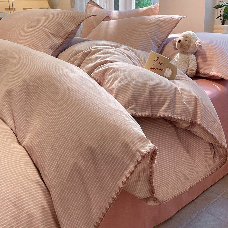 简约全棉磨毛床上四件套高档纯棉条纹被套罩床单床笠款床品三件套,床上用品,被套,淘宝优惠券,粉丝福利购,淘宝优惠卷