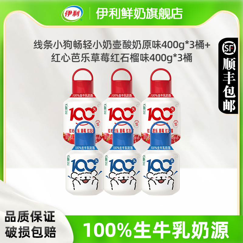 伊利线条小狗畅轻果蔬小奶壶pet风味发酵乳400g*6桶装生牛乳