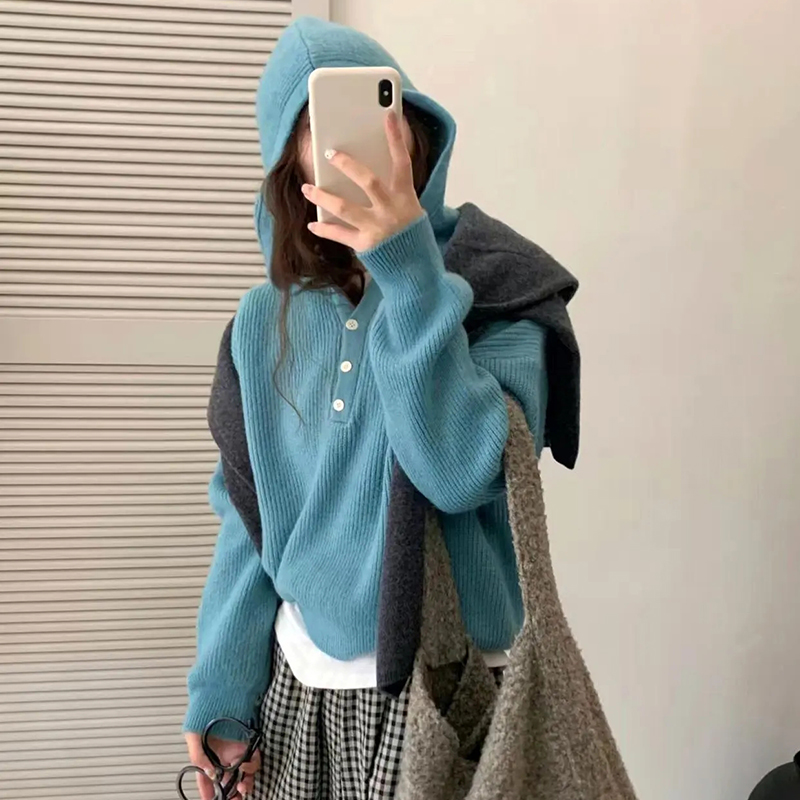 2025年新款韩系慵懒风连帽针织衫