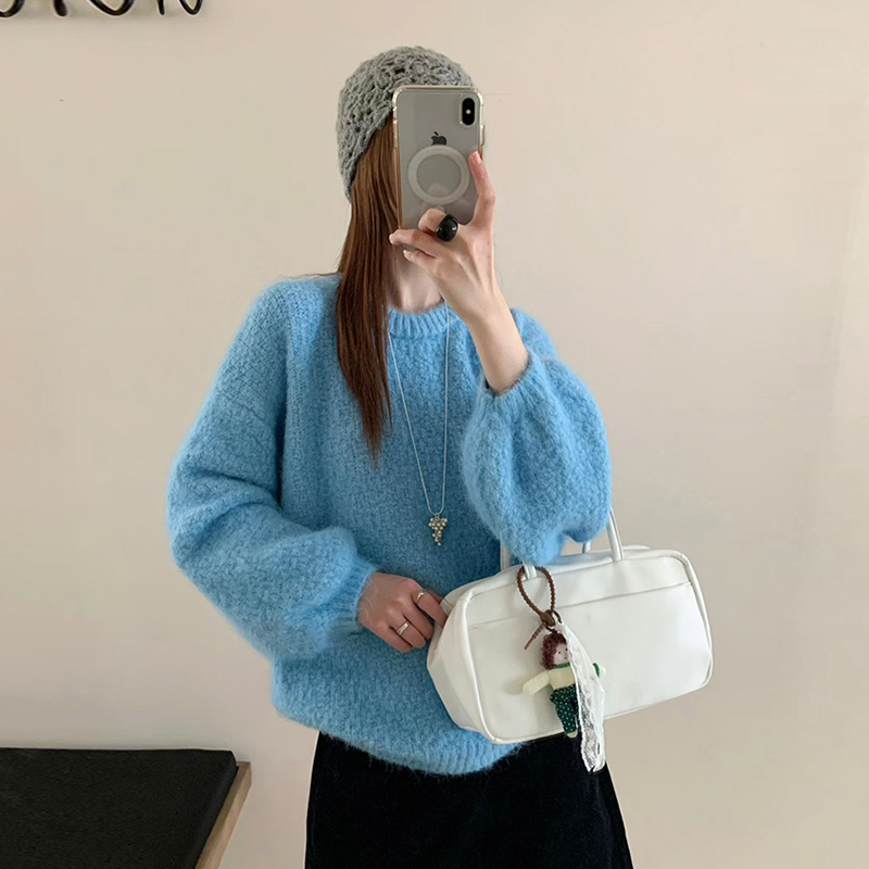 韩系宽松圆领套头毛衣女灯笼袖