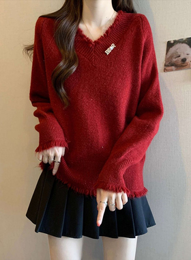 2025流行新款红色流苏针织衫上衣秋冬白银装饰宽松显瘦外穿毛衣女