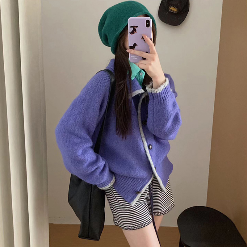 韩系复古撞色门襟针织开衫女