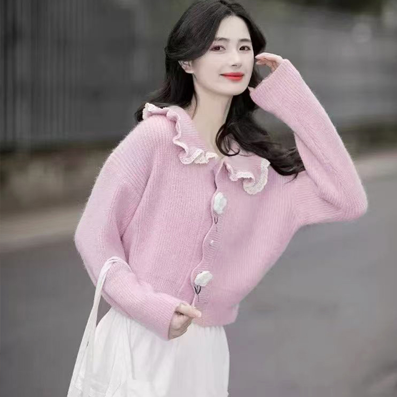 日系温柔学院风针织开衫女2025秋冬季新款花边领甜美可爱毛衣外套