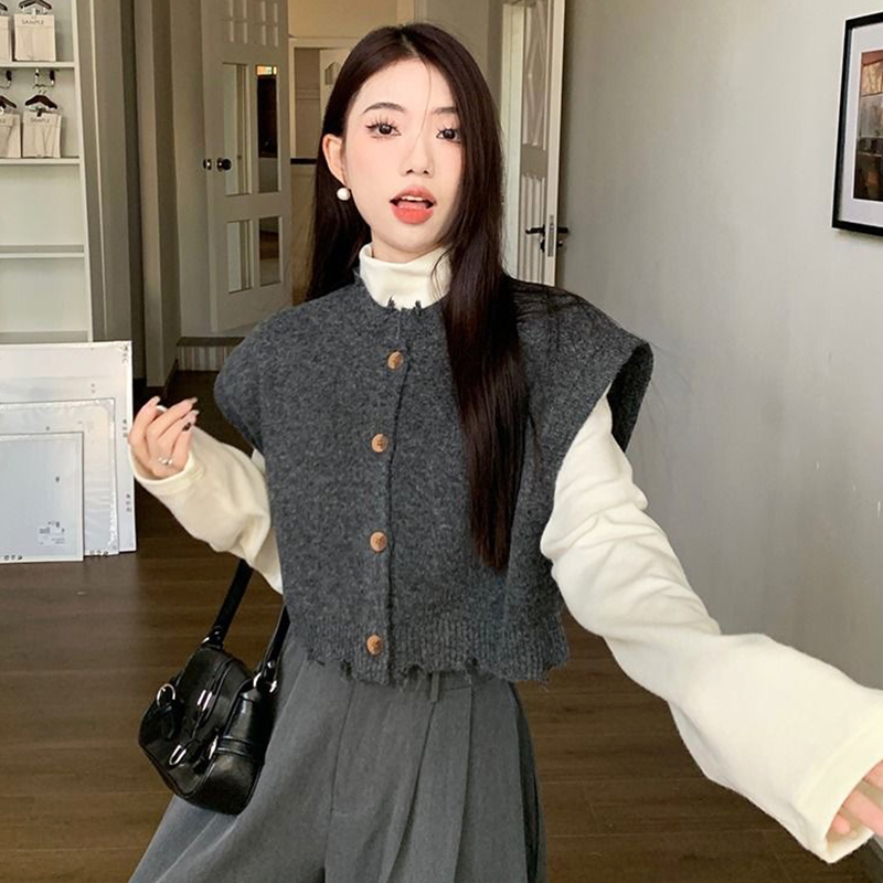 韩系高级感无袖坎肩马甲背心秋冬季叠穿短款针织开衫小外套上衣女