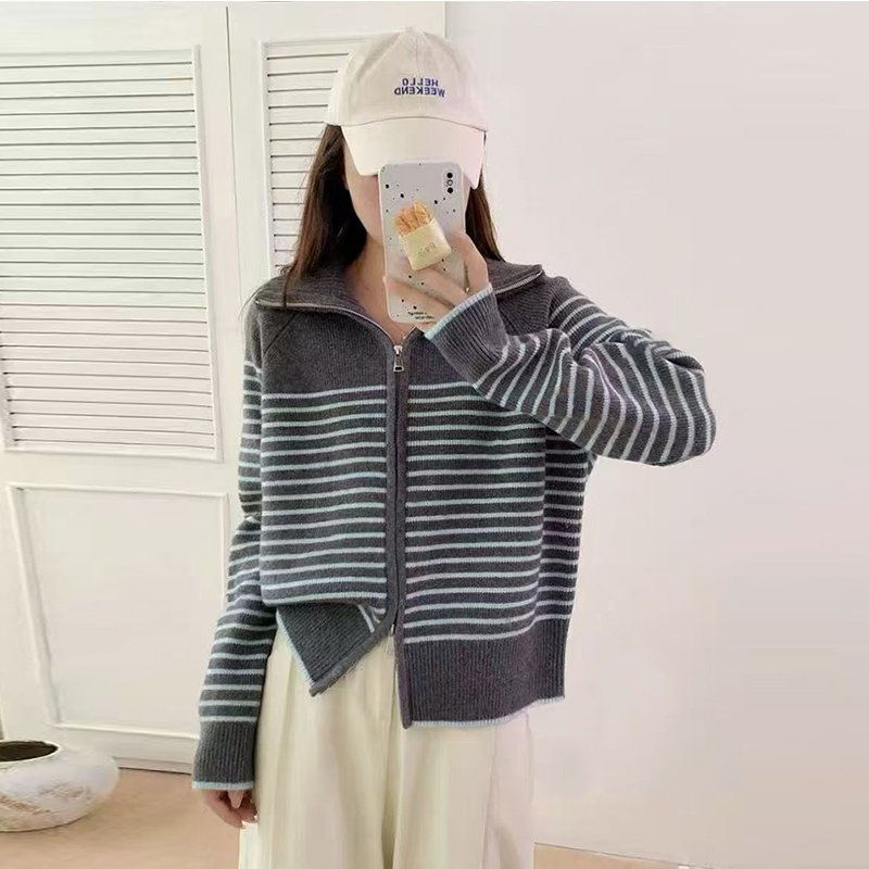 韩系复古条纹拼色针织开衫女