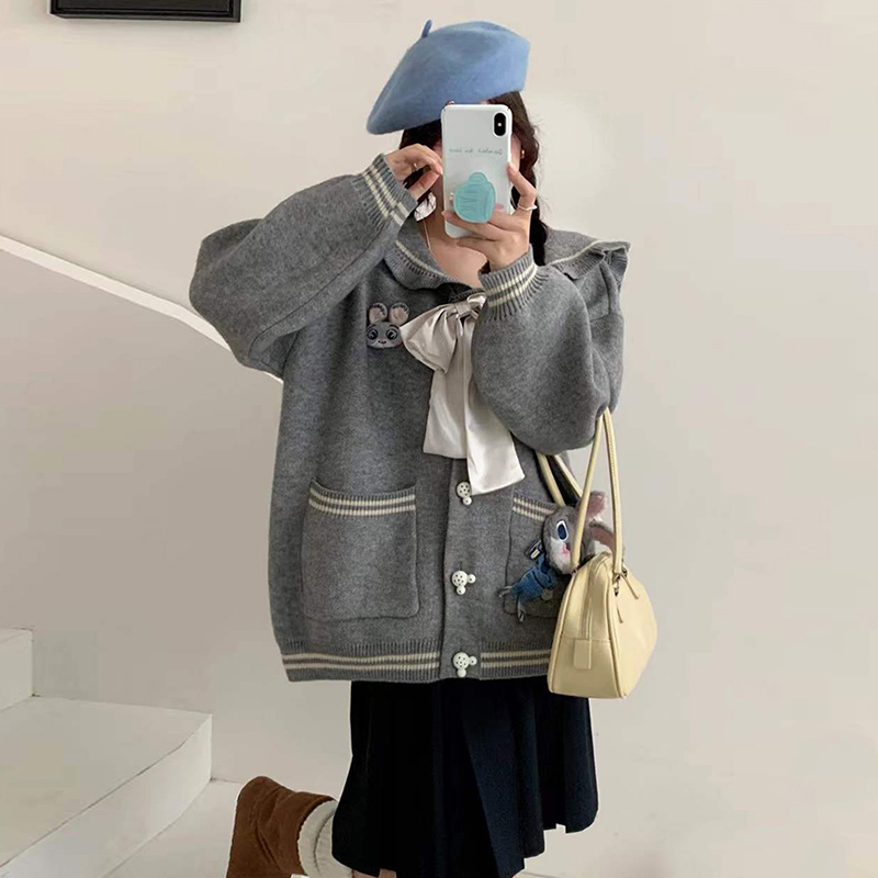 海军领蝴蝶结针织开衫女秋冬新款