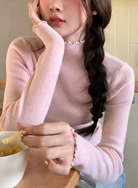 木耳边半高领内搭毛衣女秋冬季新款洋气百搭修身长袖针织衫打底衫