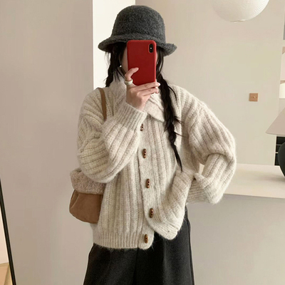 复古粗线开衫毛衣女加厚保暖外套