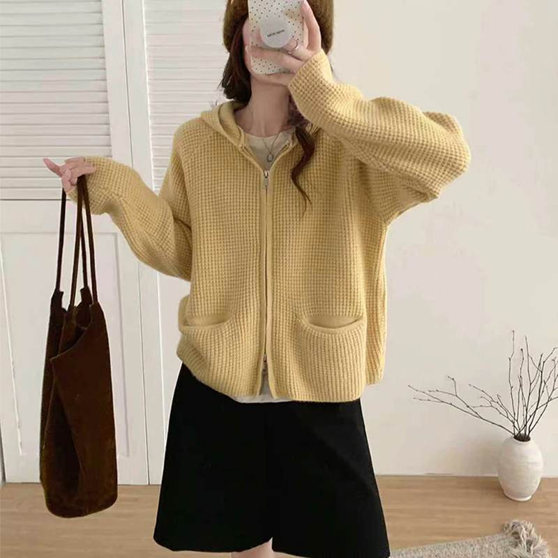 韩系简约连帽双拉链针织开衫女