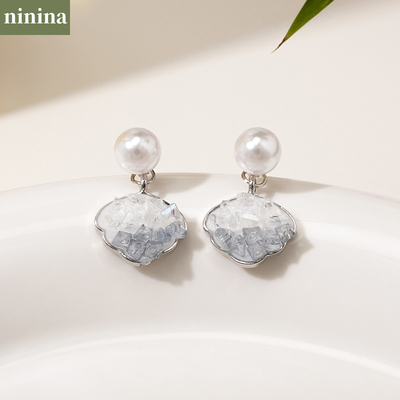 NININA渐变蓝色水晶贝壳珍珠耳钉轻奢小众设计感耳环优雅法式耳饰