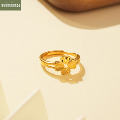 NININA金店同款沙金四叶草戒指女可调价幸运草指环手饰节日礼物