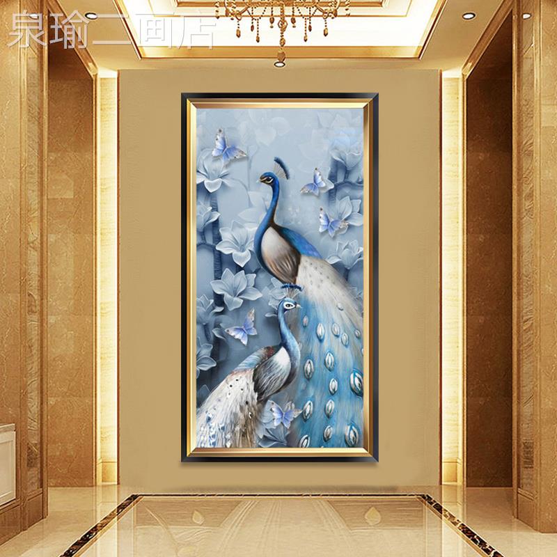 网红欧玄关装饰画孔廊雀现版代简厅约客式餐厅壁画走过道竖有框挂