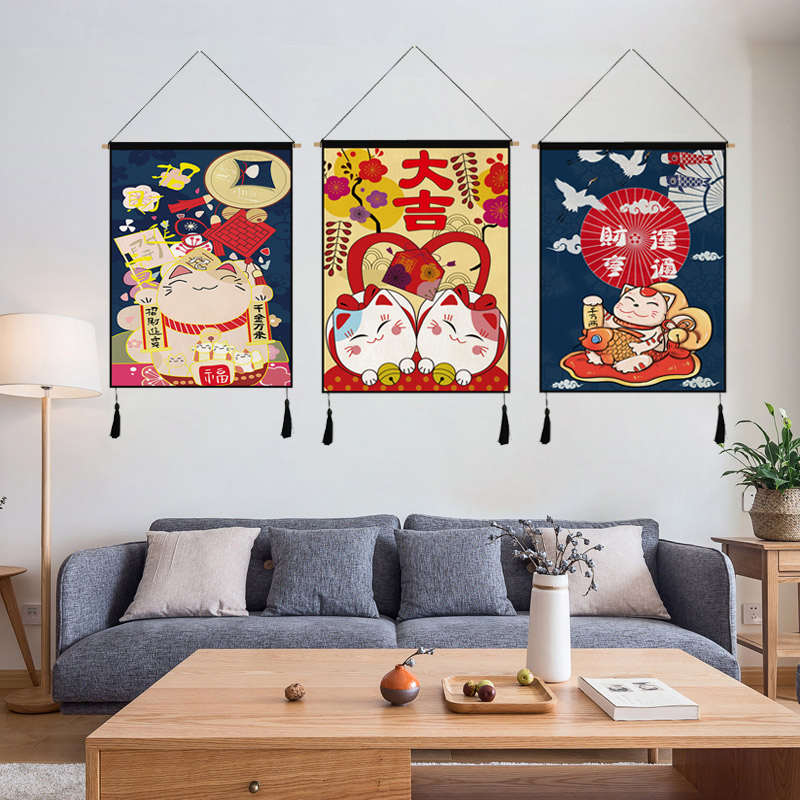 日式招财猫布艺挂画和风挂布背景布卧室床头客厅装饰布电表箱遮图片