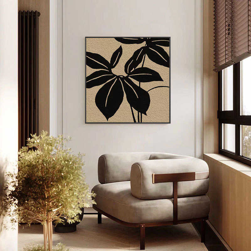 复古客厅装饰画轻奢现代简约抽象黑白棕色植物挂画沙发背景墙壁图片