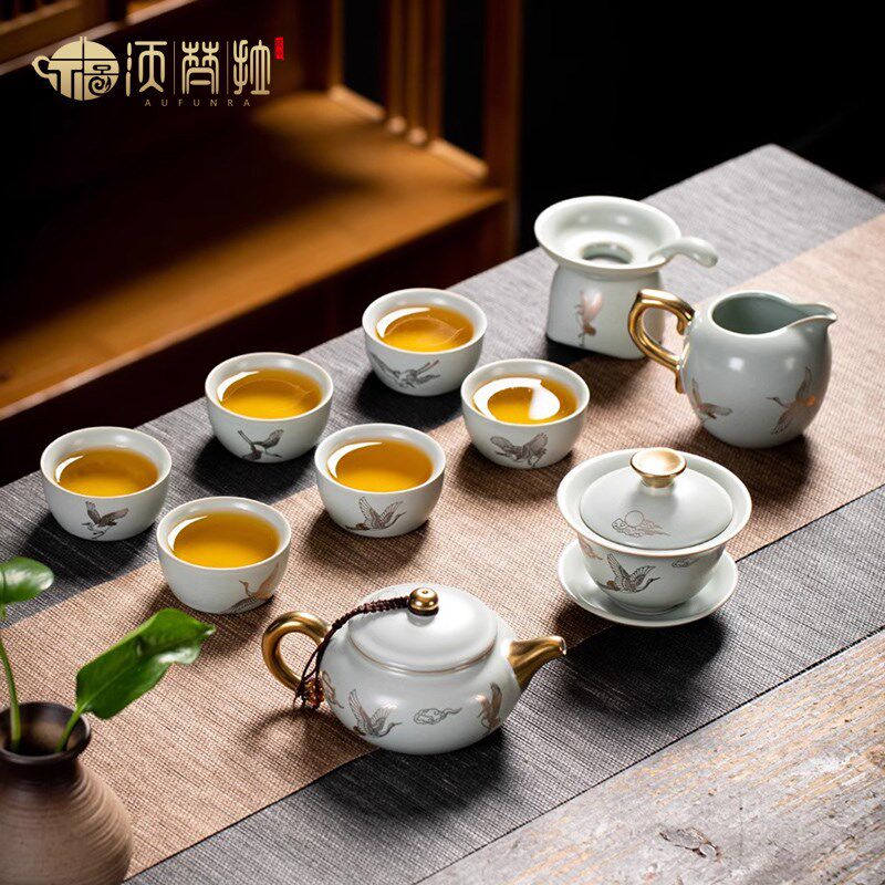 新品AUFUNRA汝窑描金仙x鹤茶具中式国潮盖碗套装复古贵妃壶套装陶