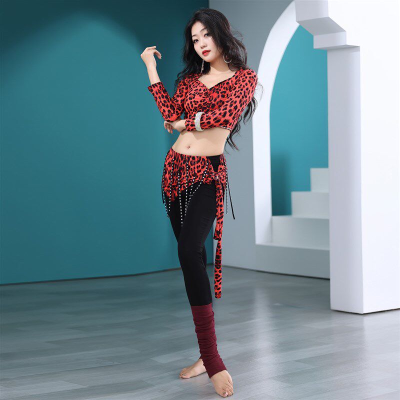 新品性感豹纹肚皮舞练功服套装东方舞蹈服L长袖练习服新款裤装表