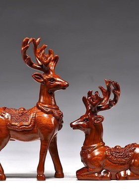 极速花梨木雕梅花鹿家居客厅玄z关电视柜酒柜办公室桌面装饰品麋