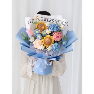 新品父亲节花束手工毛线diy材料包编织向日葵花S毛线玫瑰花成品自