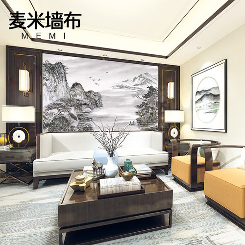 新品独绣墙布现代新中式山水别墅挑高复式客M厅沙发电视背景墙独