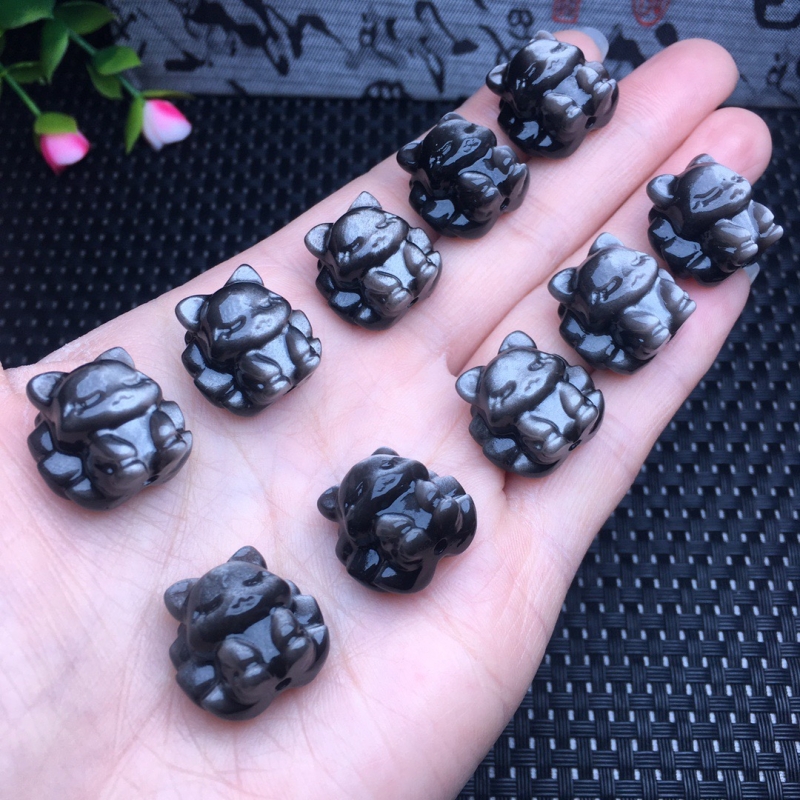 极速天然银耀石雕刻九尾狐小件款吊坠手串配件DIUY配饰材料配件水