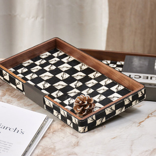 现代简约胡桃木色皮革托盘装饰品桌面收纳盘茶几摆件样板间售楼处