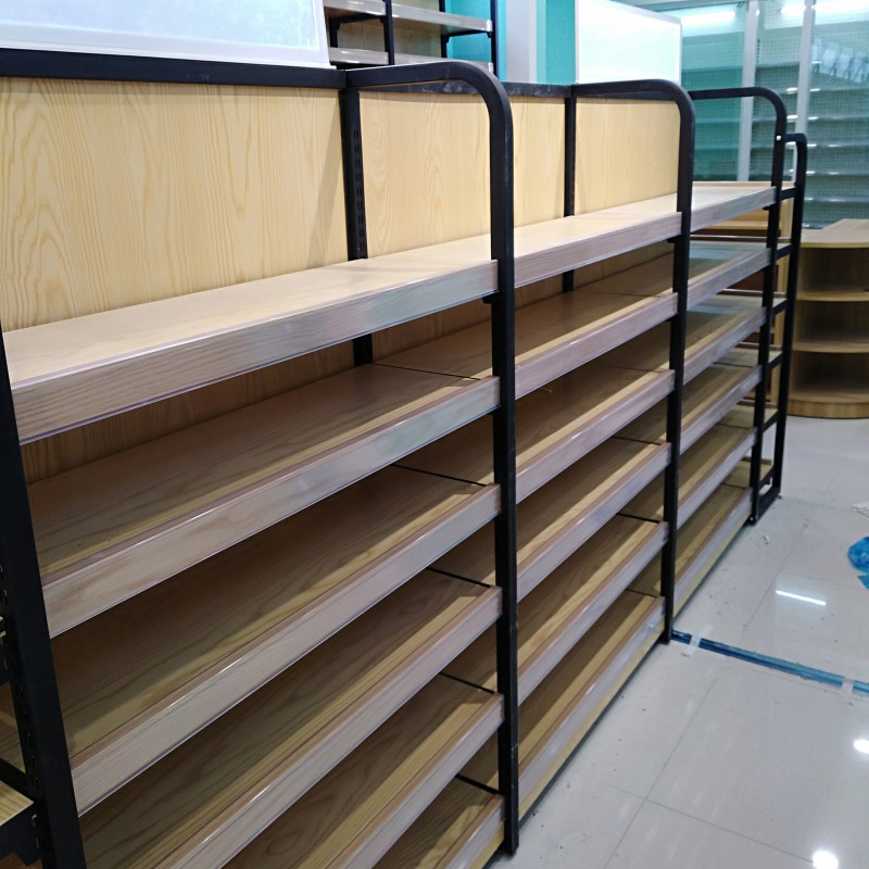 极速精品双面展示架组合钢木架超市单F面架商场木质展柜活动化妆