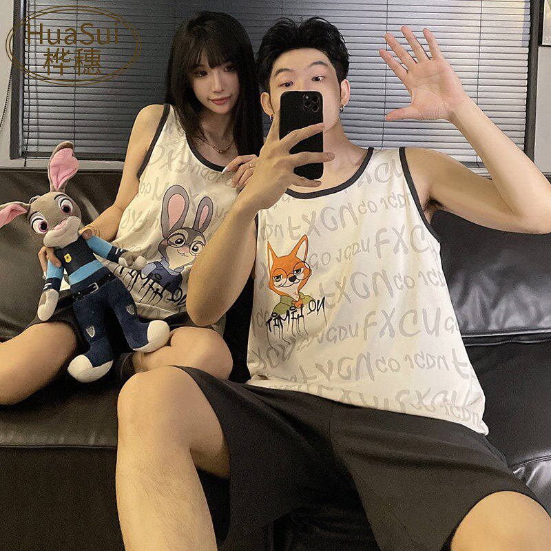 新品情侣款c睡衣夏季纯棉无袖背心大码卡通男女套装可外穿带胸垫