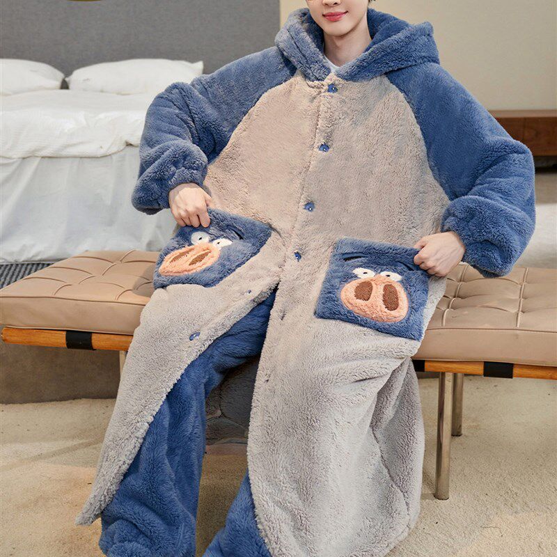 新品秋冬季男士睡衣珊瑚绒加厚加绒保暖青少年卡通V睡袍长款男生