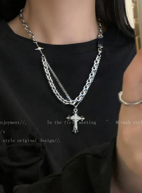 极速钛钢双层拼接十字架卫衣链女款t恤项链inPs嘻哈风锁骨链潮甜