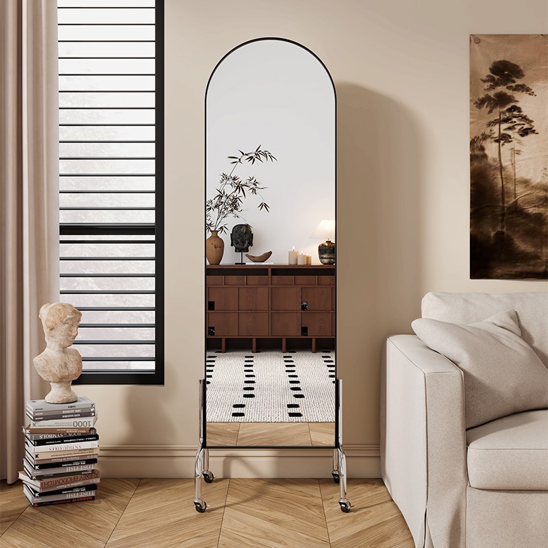 可移动穿衣镜带轮全身镜置物架杂志书报架试衣镜带收纳旋转落地镜