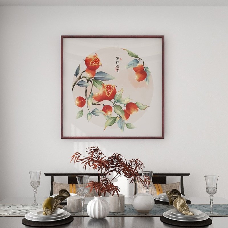 新中式餐厅装饰画饭厅壁q画餐桌挂画石榴水果画玄关画国画斗方实图片