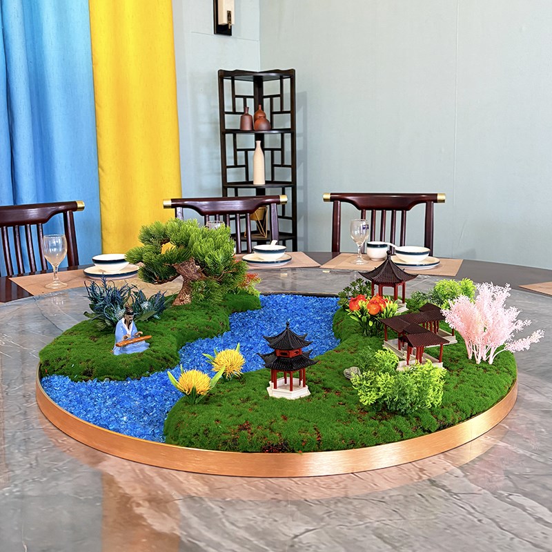 酒店圆桌摆花轻奢风o仿真花山水装饰花意境桌台饭店大转盘圆餐摆