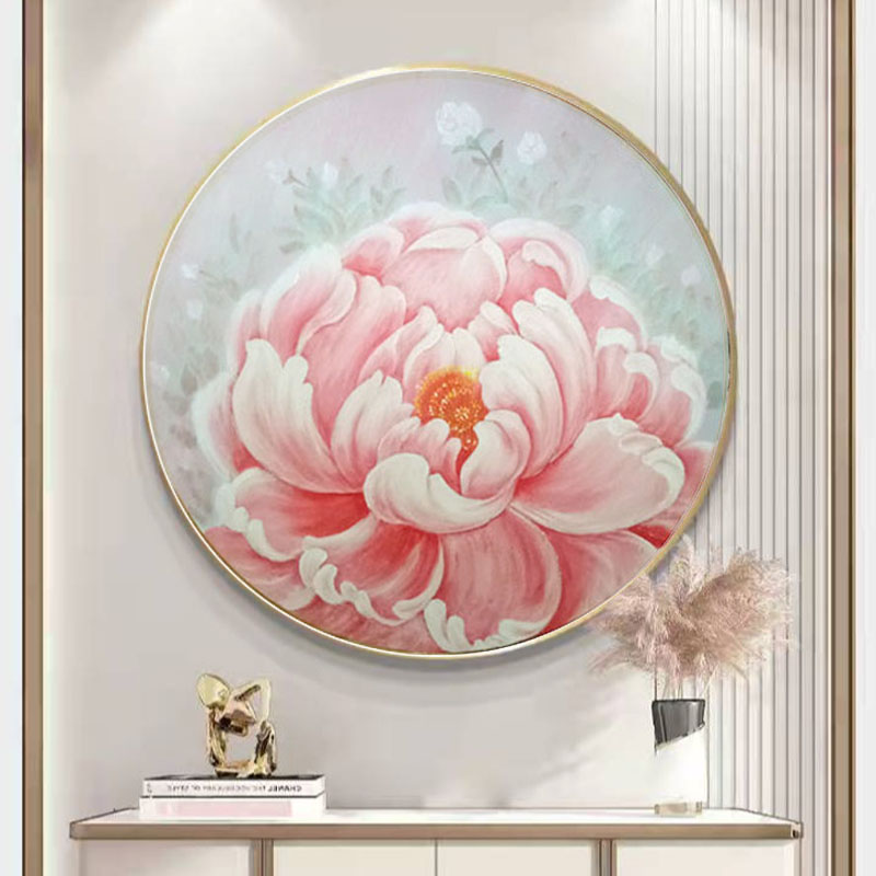 手绘油画牡丹花挂画现代简约入户玄关客厅装饰画卧室W饭厅圆形壁图片