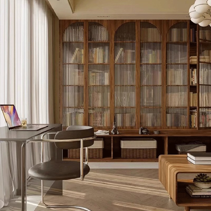 客厅整面墙书柜定制实木满墙书架D一体靠墙书柜带卡座黑胡桃木