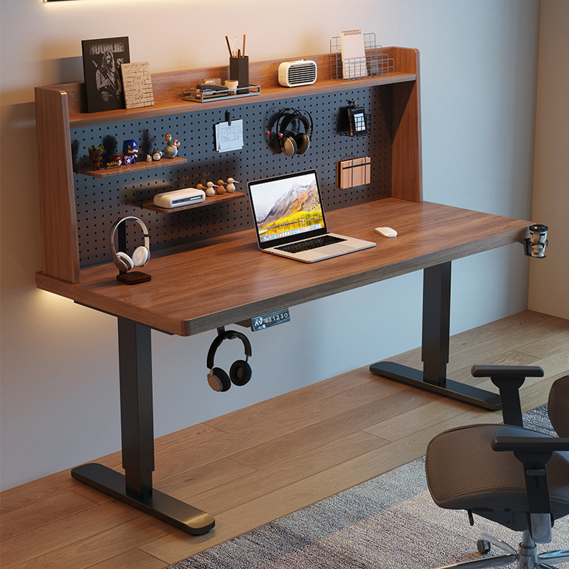 实木电动升降桌家用书桌书架一体卧室电竞桌带洞洞板学习电脑桌子