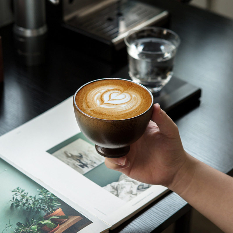 日式复古粗陶瓷手握咖啡杯拉花拿铁窑变高脚dirty大口杯子250ml