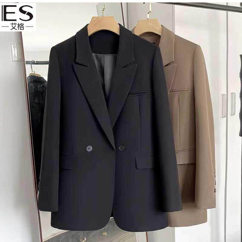 艾格ES黑色小西装外套女2024春秋新款高级感炸街休闲西服宽松上衣