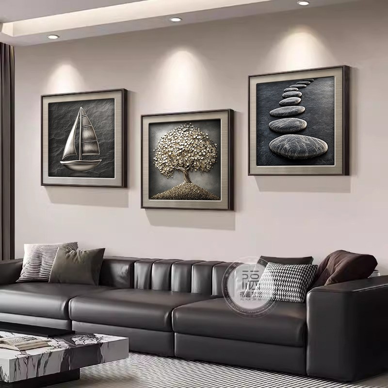 发财树轻奢风客厅装饰画现代简约沙发G背景墙挂画玄关过道三联壁