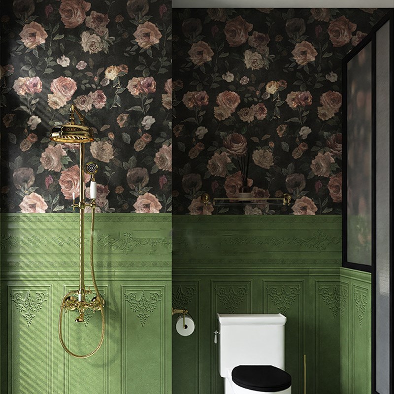 法式卫生间浪漫风墙m纸黑色玫瑰自粘浴室防水防潮厕所贴纸厨房瓷