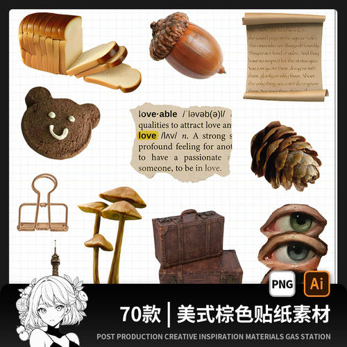 美式复古风棕色饭圈设计装饰goodnotes贴纸电子手帐PNG免扣图素材