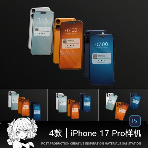 iPhone17Pro手机样机深色背景多视角展示PSD智能贴图APP界面UI