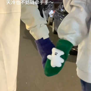创意设计牵手手套大鹅毛线手套女秋冬保暖加绒加厚防寒可爱情侣