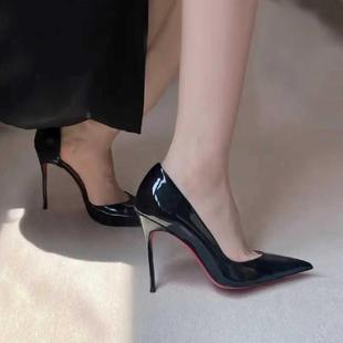 高级感黑色调情侧空红底单鞋 性感床上御姐女细跟2024年新款 高跟鞋