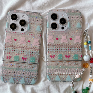 ins日韩闪粉可爱小熊适用iPhone15promax手机壳苹果16保护壳13新款 14防摔硅胶高级感带链条挂绳创意全包女软p