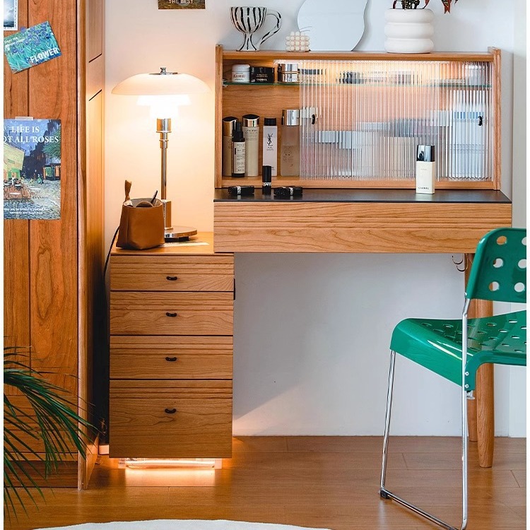 春日梳妆台樱桃木实木岩板斗柜床头柜北欧风化妆桌卧室伸缩化妆台